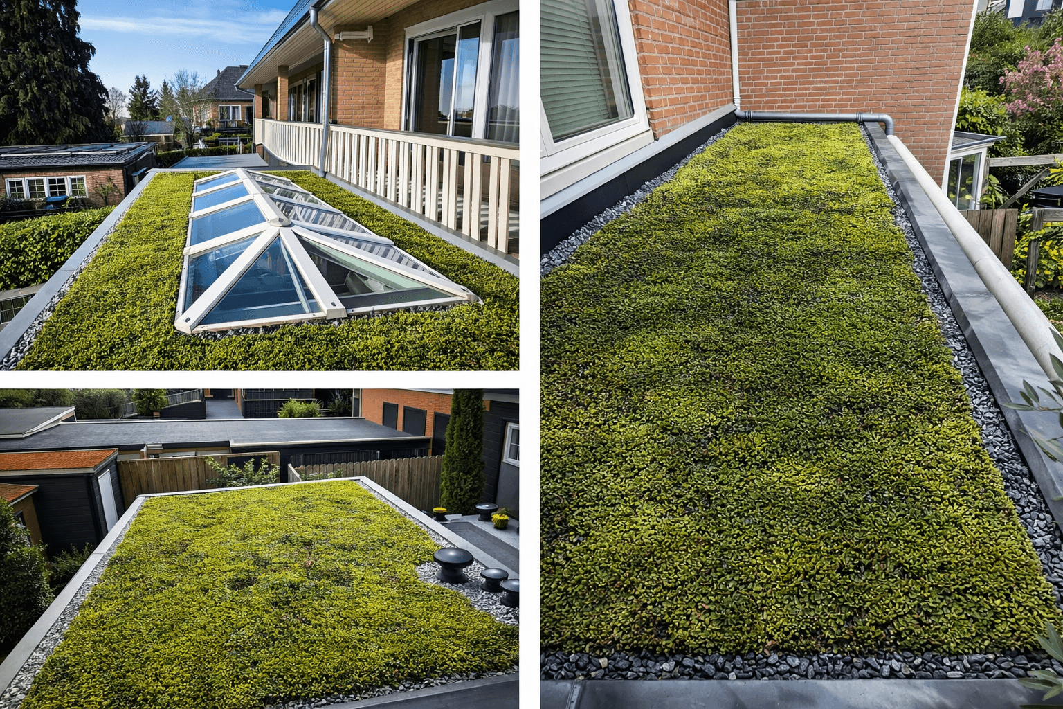 Sedumdaken met lichtkoepel en grindafwerking op woningen